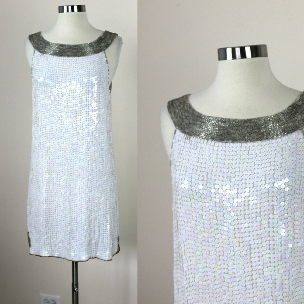 White Sequin Mini Dress with Silver Metallic Collar